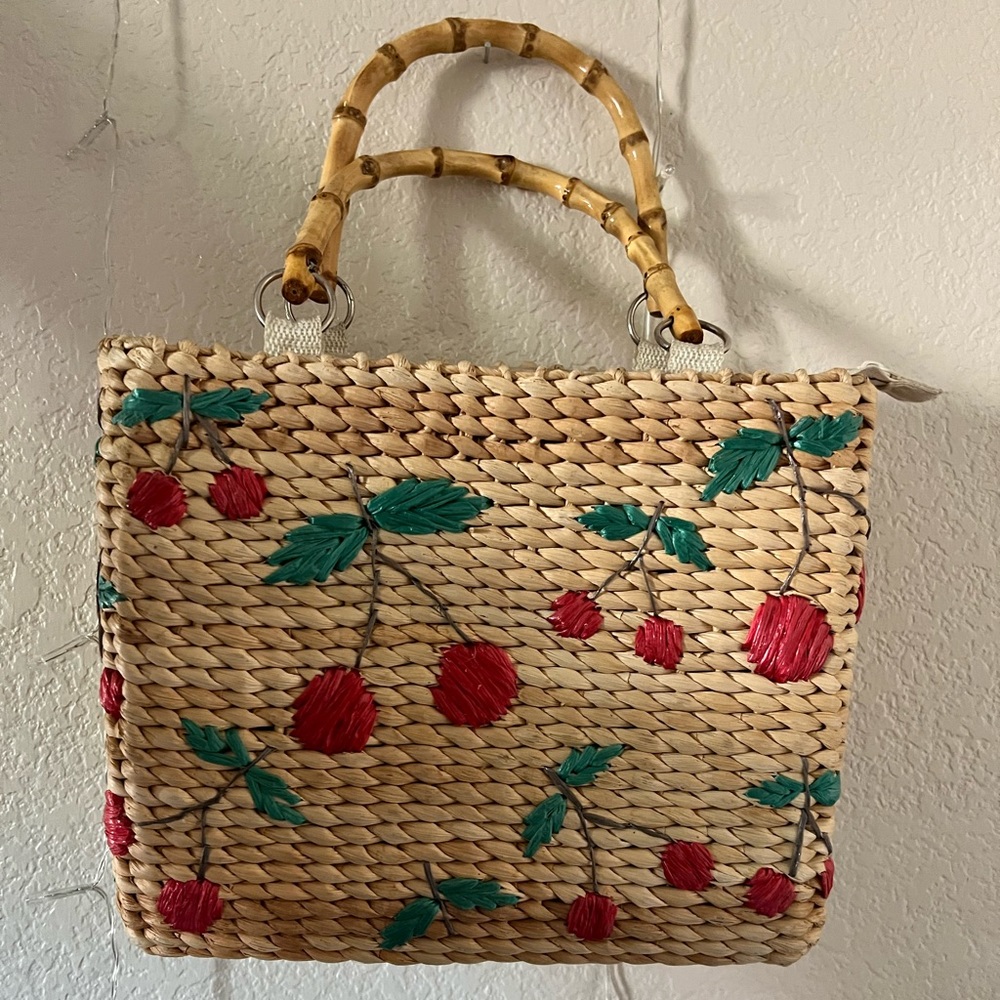 Vintage cherry woven straw Pandamerica purse with bamboo handles